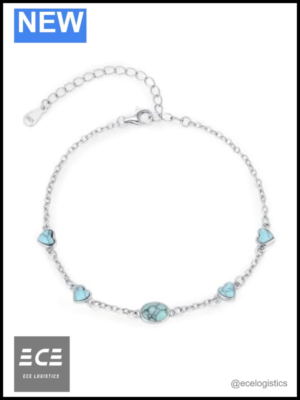 Turquoise and 925 Sterling Silver Heart Link Bracelet Adjustable Lobster Claw